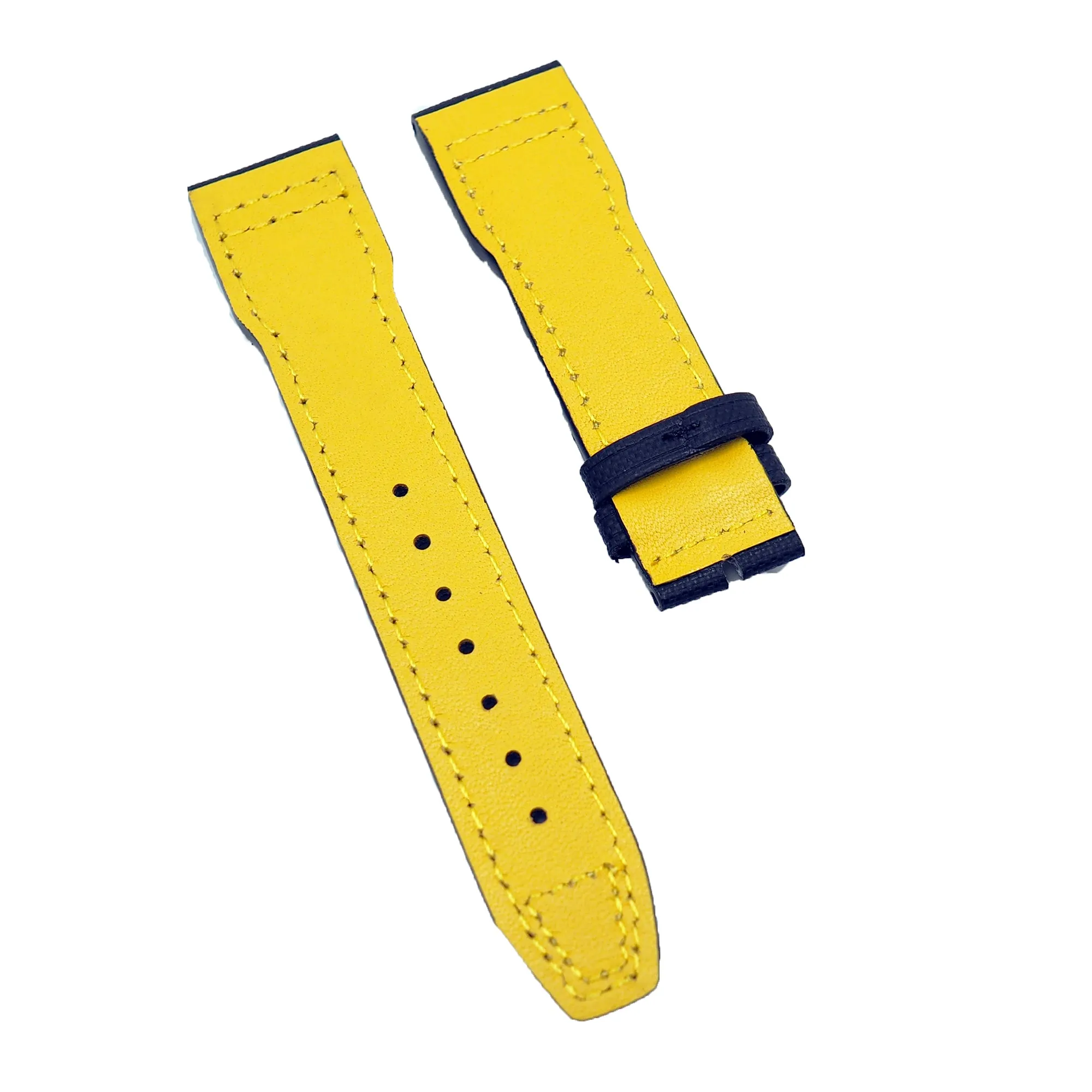 20mm, 21mm Pilot Style Black Fiber Watch Strap For IWC, Yellow Stitching, Semi Square Tail