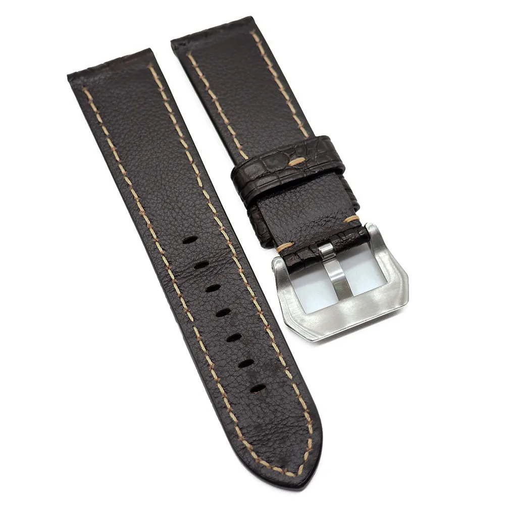 22mm, 24mm, 26mm Dark Brown Alligator Leather Watch Strap For Panerai, Cream Stitching, Small Scale Pattern
