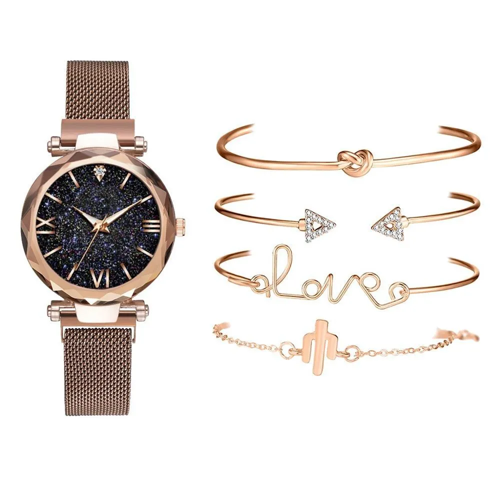 5 Piece Woman Watches Magnetic Starry Wristwatch Sets