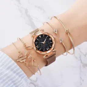 5 Piece Woman Watches Magnetic Starry Wristwatch Sets