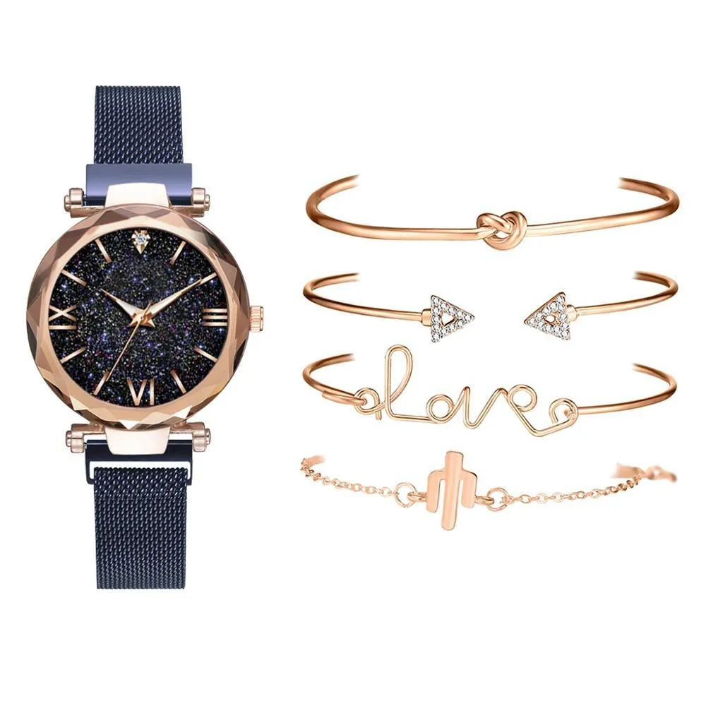 5 Piece Woman Watches Magnetic Starry Wristwatch Sets