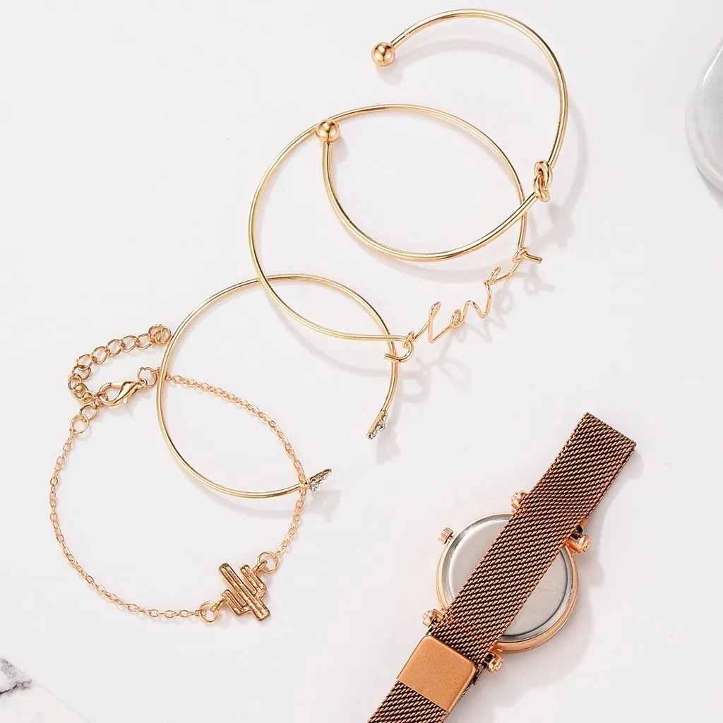 5 Piece Woman Watches Magnetic Starry Wristwatch Sets