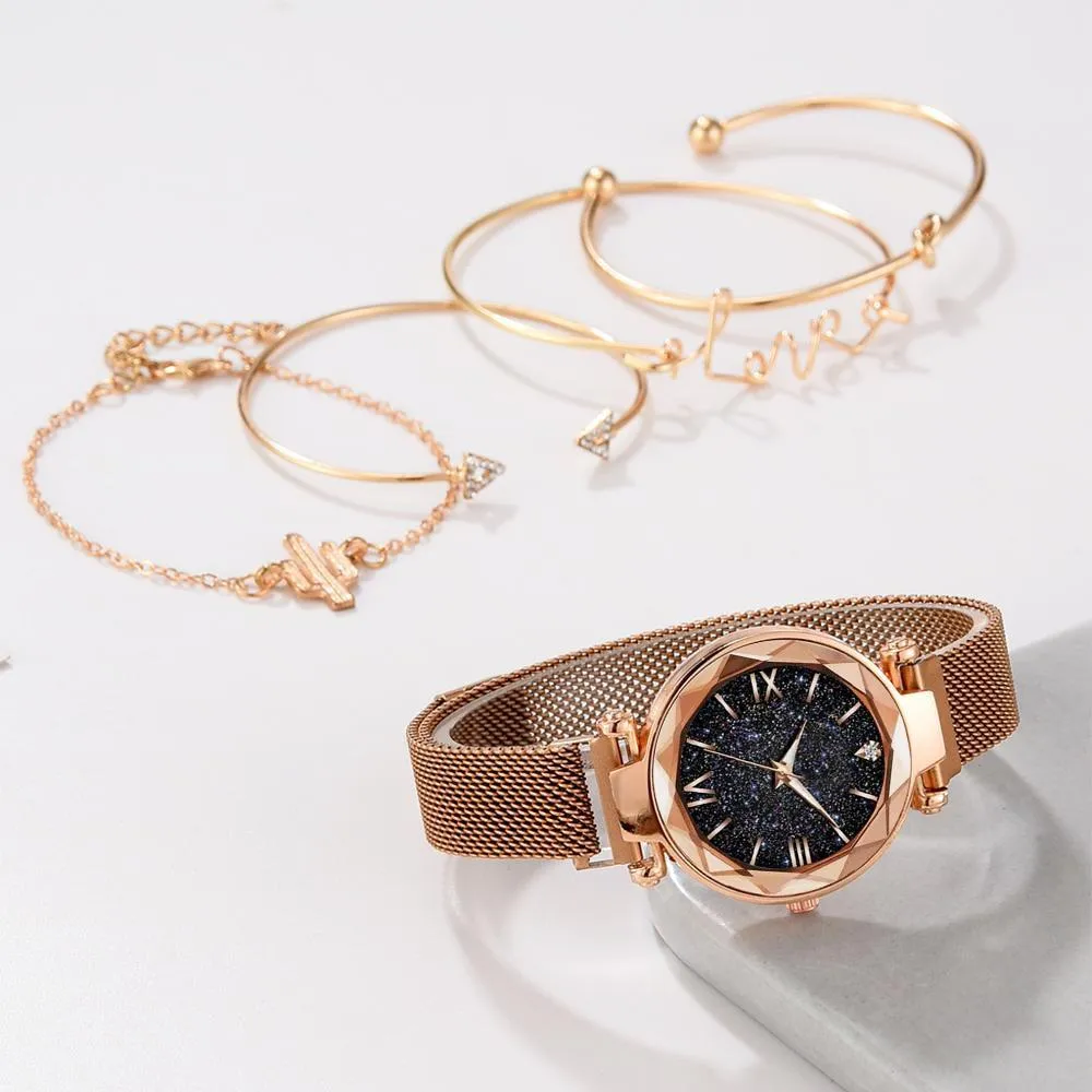 5 Piece Woman Watches Magnetic Starry Wristwatch Sets