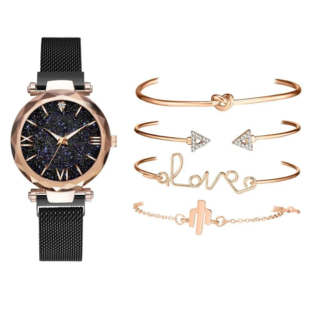 5 Piece Woman Watches Magnetic Starry Wristwatch Sets