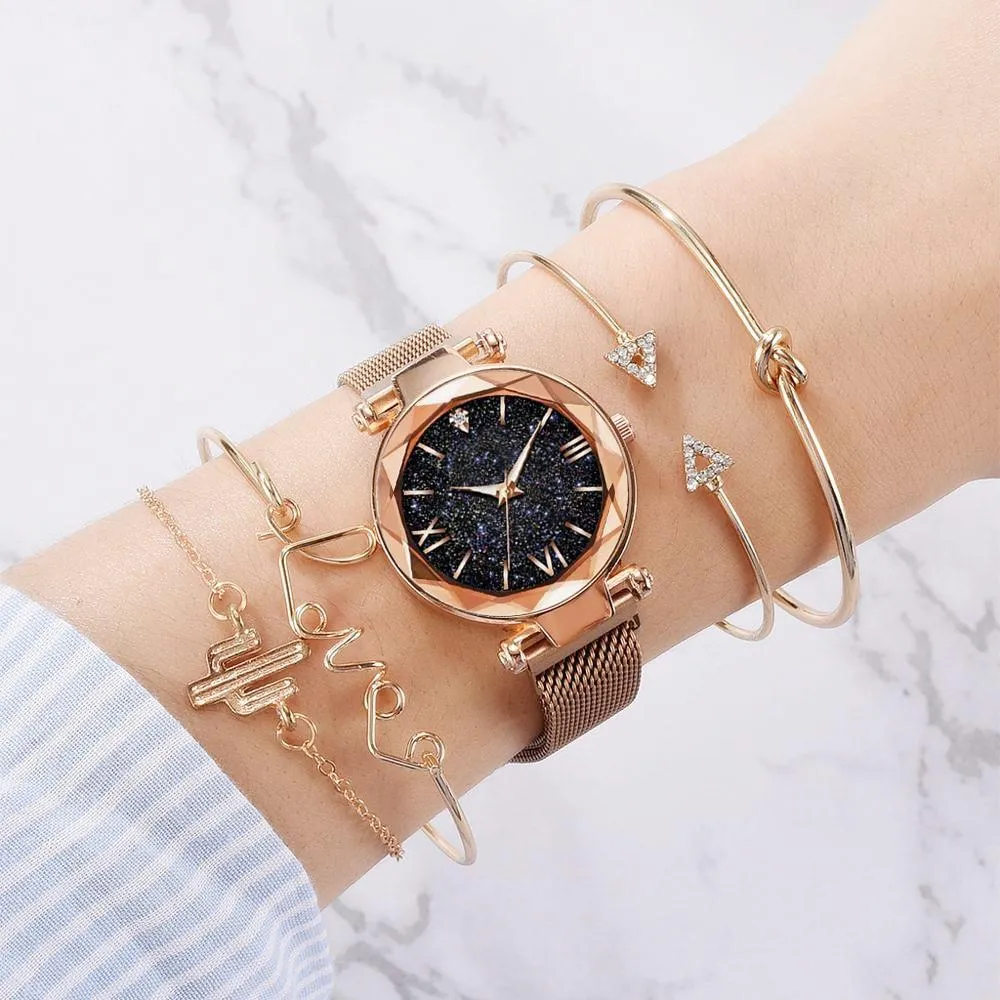 5 Piece Woman Watches Magnetic Starry Wristwatch Sets