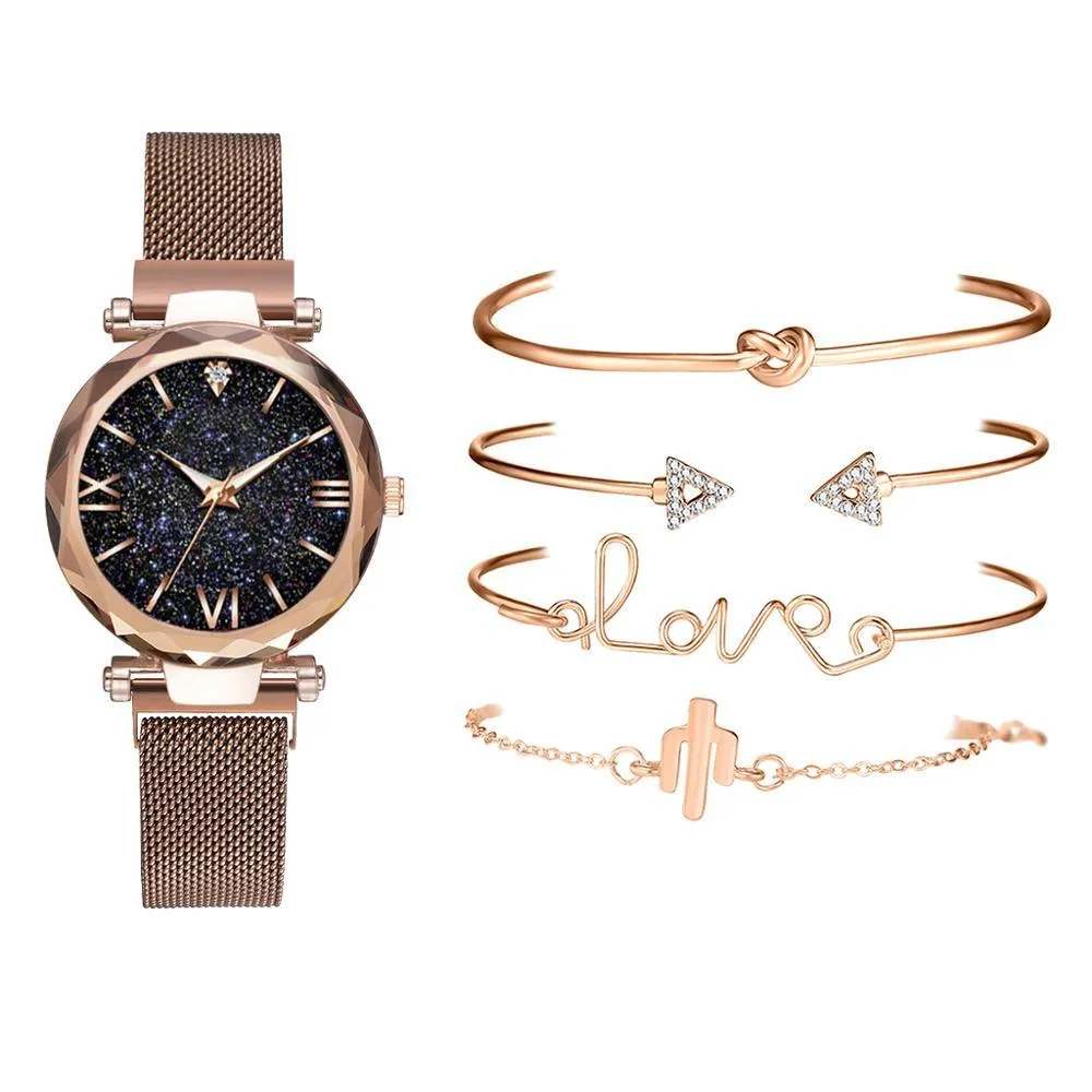 5 Piece Woman Watches Magnetic Starry Wristwatch Sets