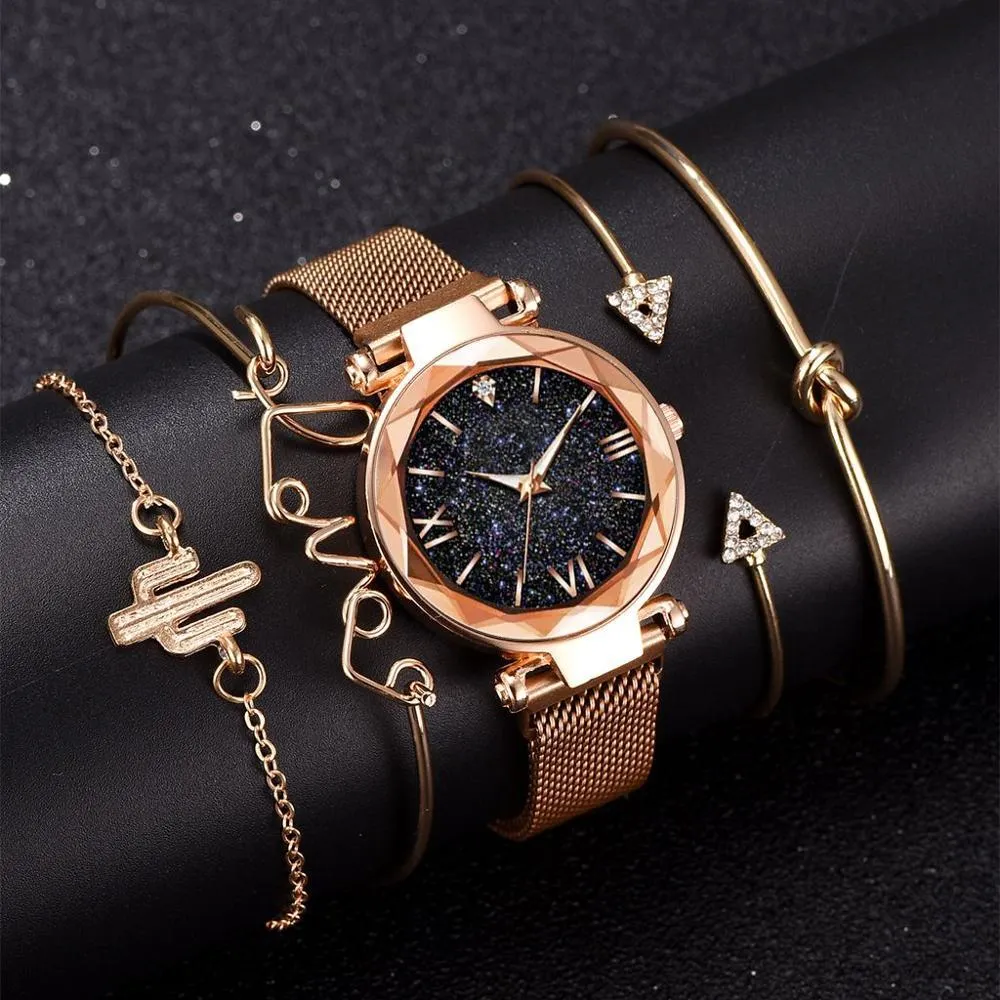 5 Piece Woman Watches Magnetic Starry Wristwatch Sets