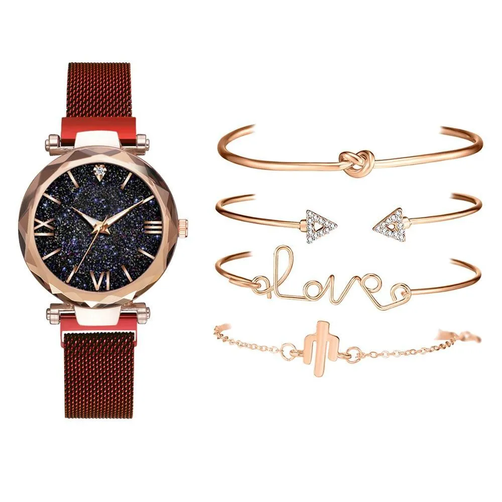 5 Piece Woman Watches Magnetic Starry Wristwatch Sets