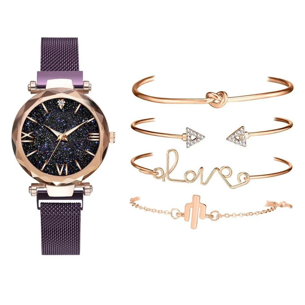 5 Piece Woman Watches Magnetic Starry Wristwatch Sets