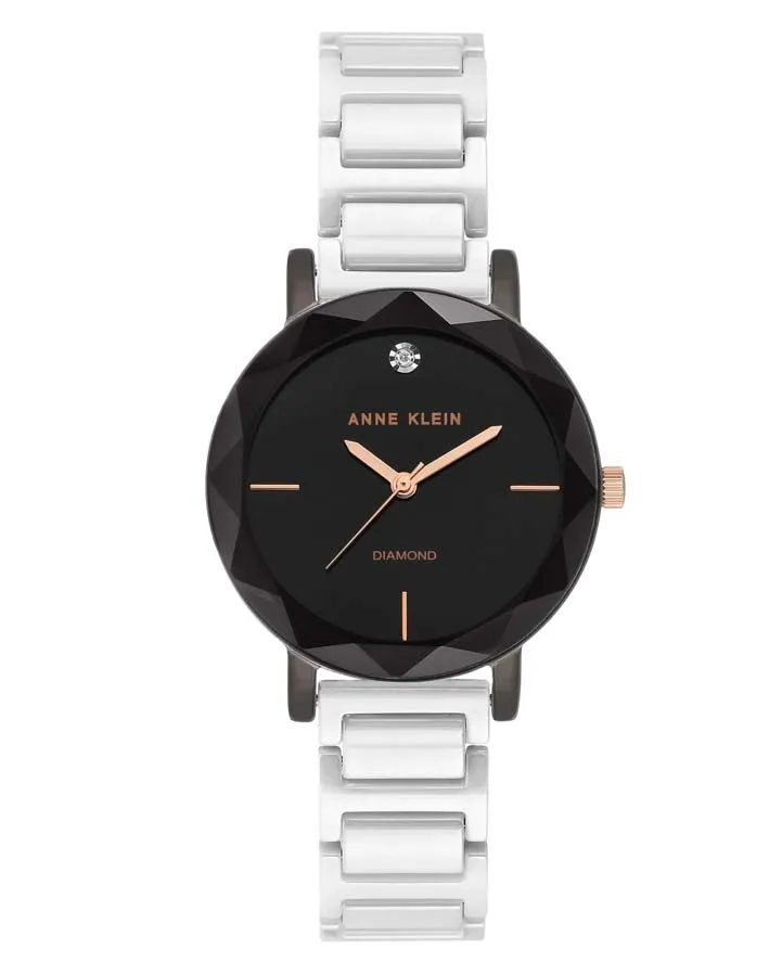 Anne Klein Diamond Black Dial White Ceramic Ladies Watch 3365GYWT