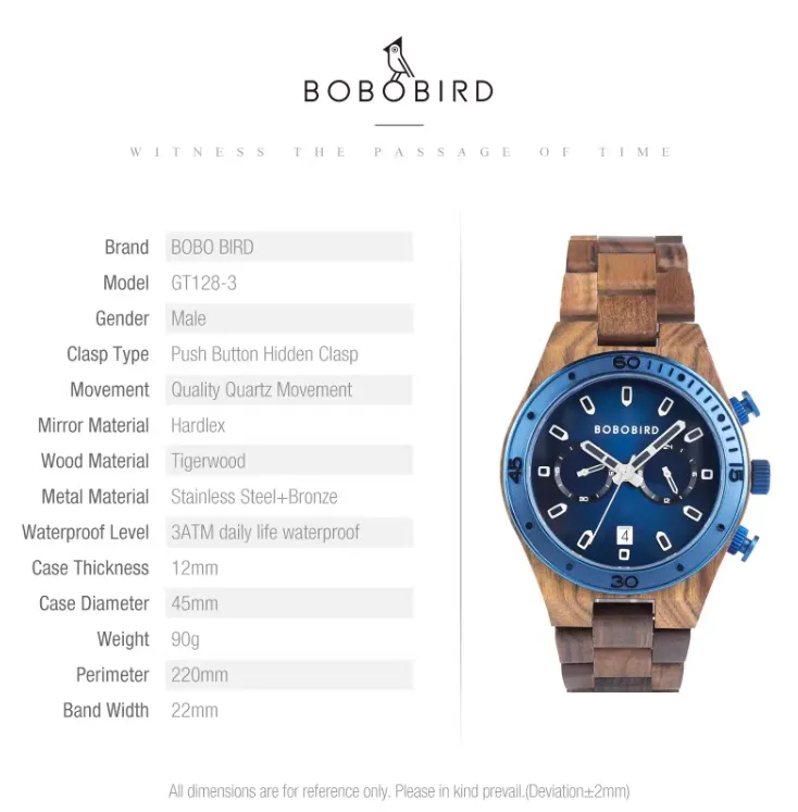 BOBO BIRD HARDLEX TIGERWOOD STAINLESS STEEL WATCH
