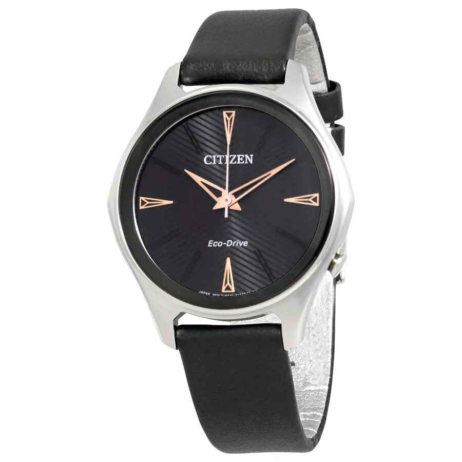 Citizen Modena Black Dial Black Leather Ladies Watch EM0591-01E