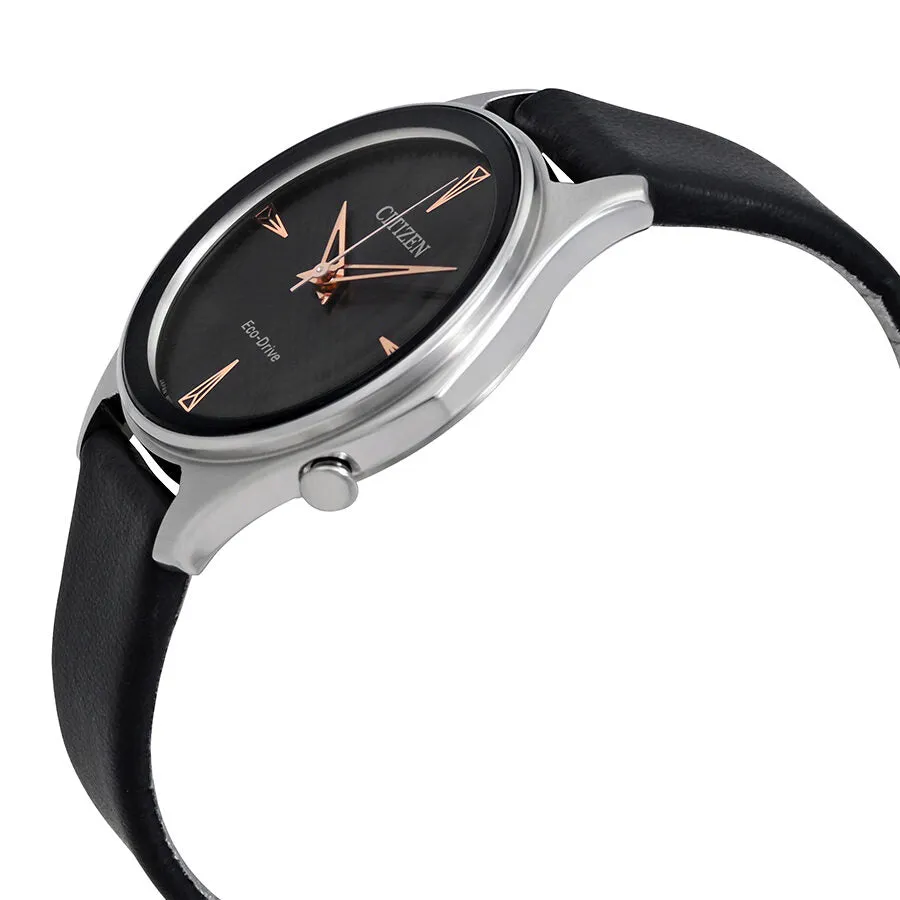 Citizen Modena Black Dial Black Leather Ladies Watch EM0591-01E