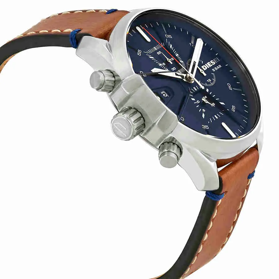 Diesel DZ4470 47mm Brown Leather Band Steel Case Quartz Blue Dial Analog Men Watches