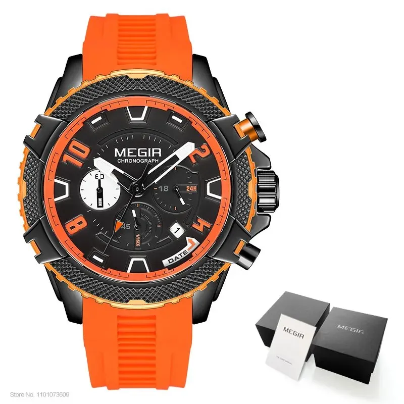 Fashion Watch for Men Orange Silicone Strap Sport Chronograph Quartz Wristwatch