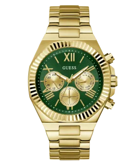 Guess Equity Brushed Gold Tone Case With Polished Gold Tone Bezel With Sunray Green Multifunction Dial And Brushed And Polished Gold Tone Bracelet GW0703G2