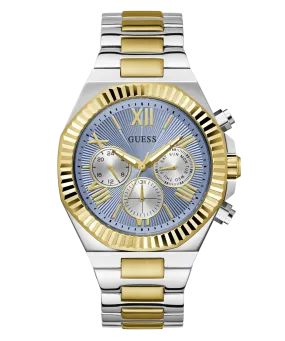 Guess Equity Brushed Silver Tone Case With Polished Gold Tone Bezel With Sunray Glacial Blue Multifunction Dial And Brushed And Polished Two Tone Bracelet GW0703G3