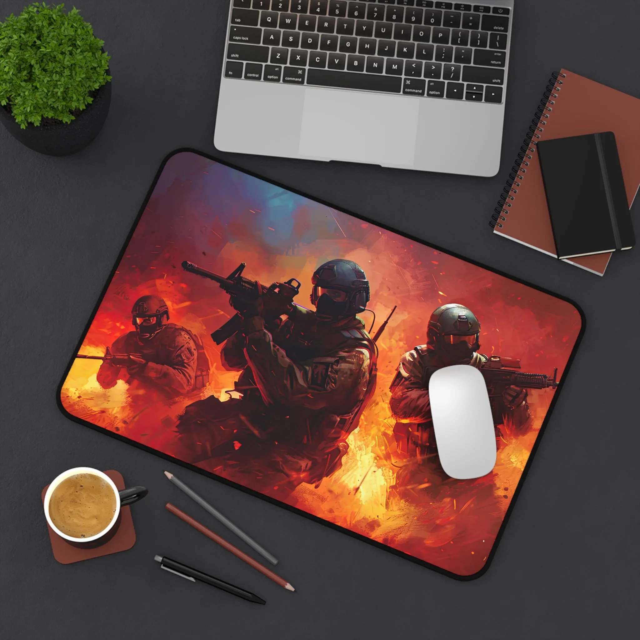 Intense Military Action Dynamic Battle Scene with Soldiers in Combat - Desk Mat Extended Gaming Mouse Pad 3 Sizes