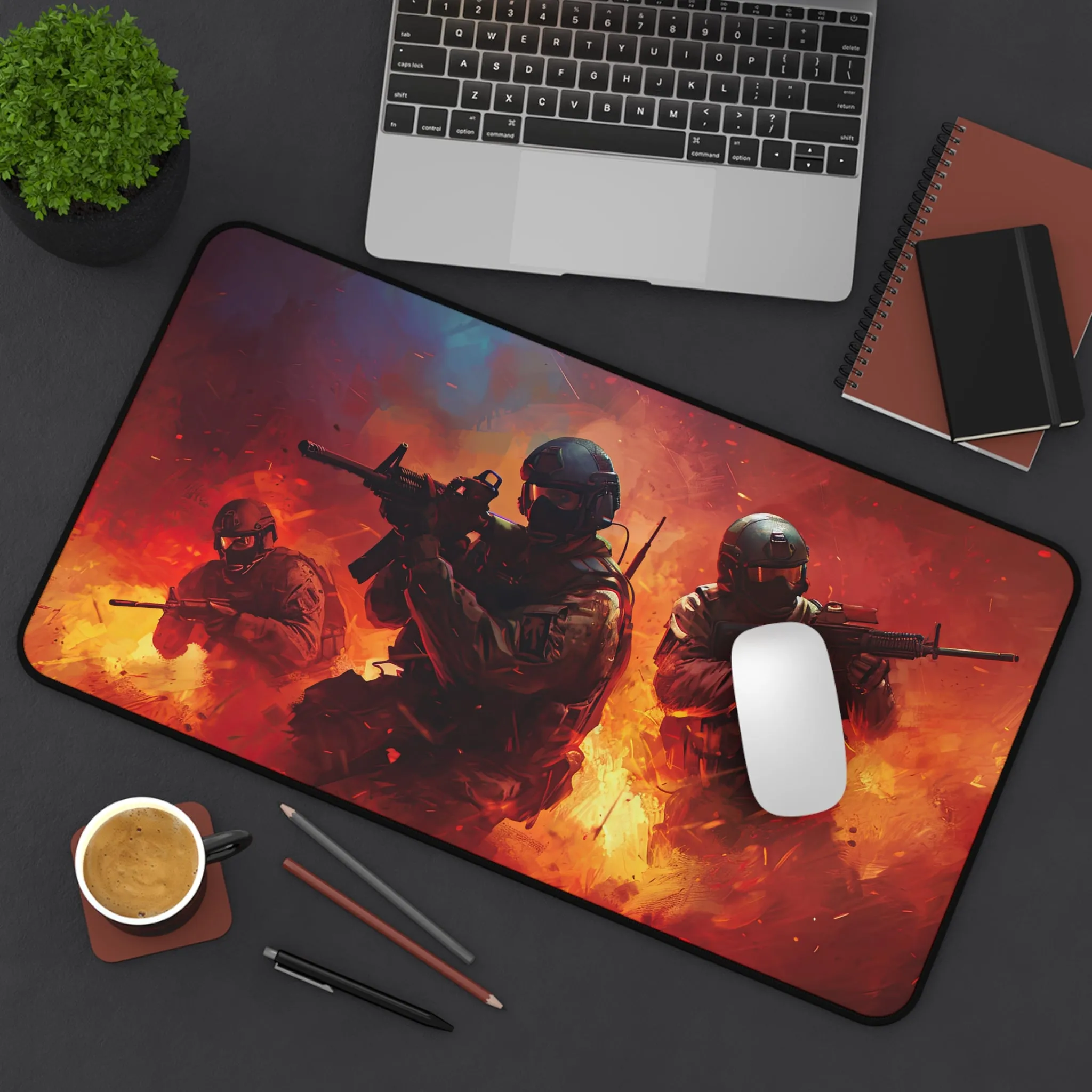 Intense Military Action Dynamic Battle Scene with Soldiers in Combat - Desk Mat Extended Gaming Mouse Pad 3 Sizes