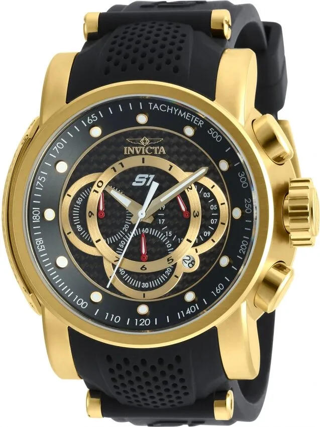 Invicta S1 Rally Chronograph Black Carbon Fiber Dial Gold-plated and Black Polyurethane Men's Watch 19327