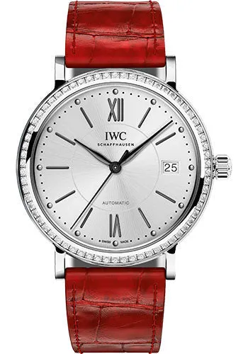 IWC Portofino Midsize Automatic Watch - 37 mm Stainless Steel Case - Silver Dial - Red Alligator Strap - IW458109