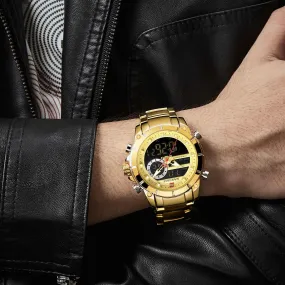Men Military Sport Wristwatch Gold Quartz Stainless Steel Waterproof Dual Display Male Clock Watches