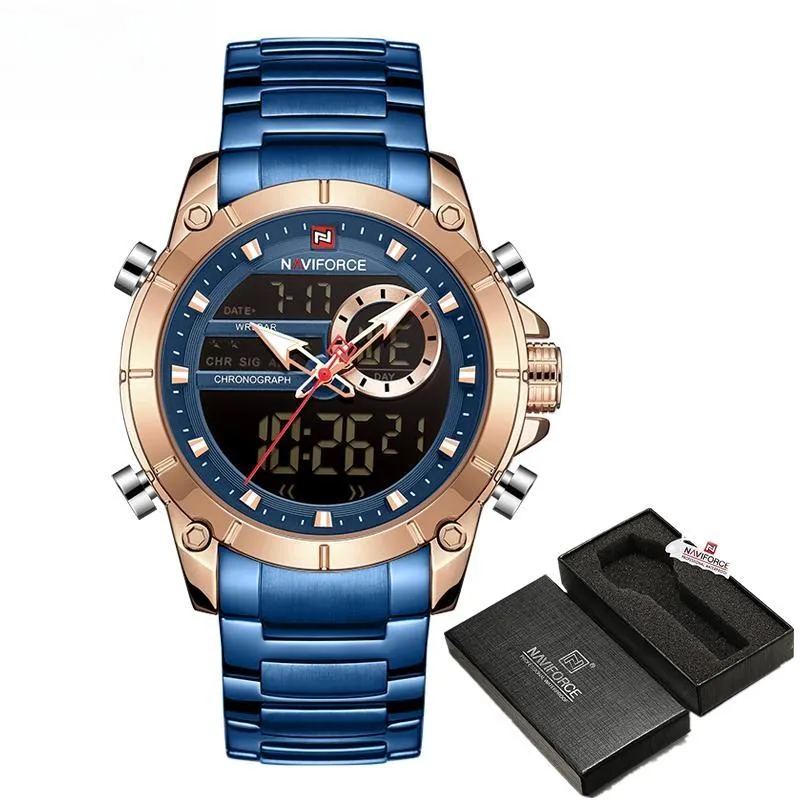 Men Military Sport Wristwatch Gold Quartz Stainless Steel Waterproof Dual Display Male Clock Watches