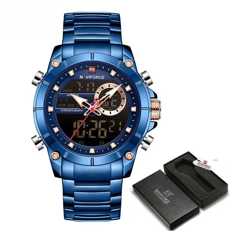 Men Military Sport Wristwatch Gold Quartz Stainless Steel Waterproof Dual Display Male Clock Watches