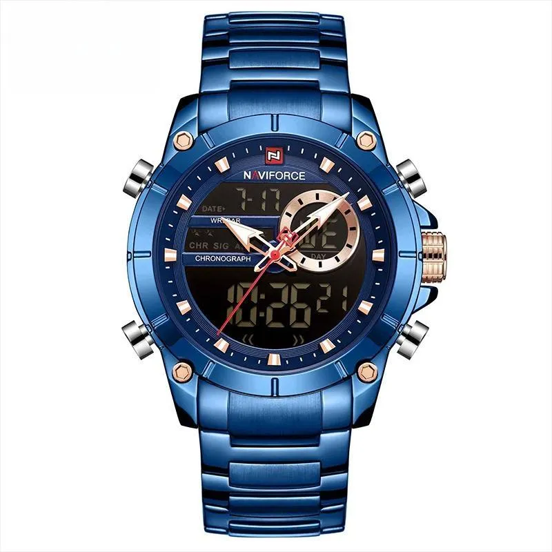 Men Military Sport Wristwatch Gold Quartz Stainless Steel Waterproof Dual Display Male Clock Watches