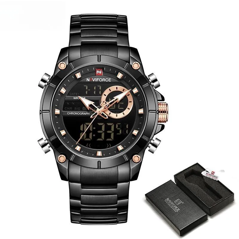 Men Military Sport Wristwatch Gold Quartz Stainless Steel Waterproof Dual Display Male Clock Watches