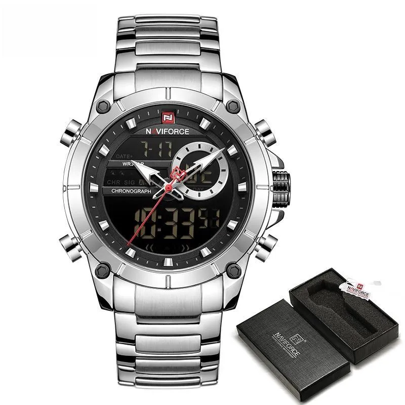 Men Military Sport Wristwatch Gold Quartz Stainless Steel Waterproof Dual Display Male Clock Watches