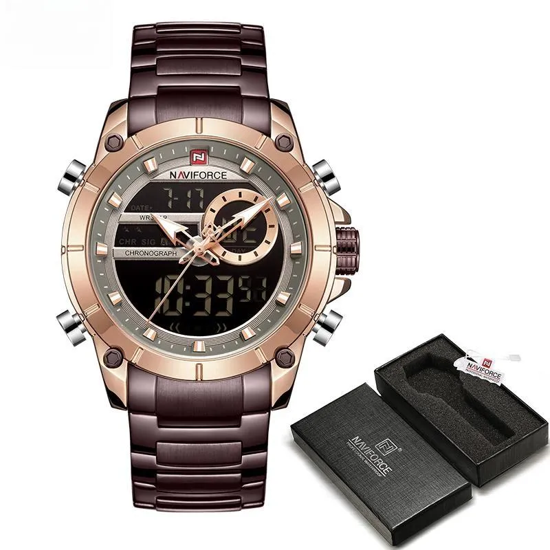 Men Military Sport Wristwatch Gold Quartz Stainless Steel Waterproof Dual Display Male Clock Watches