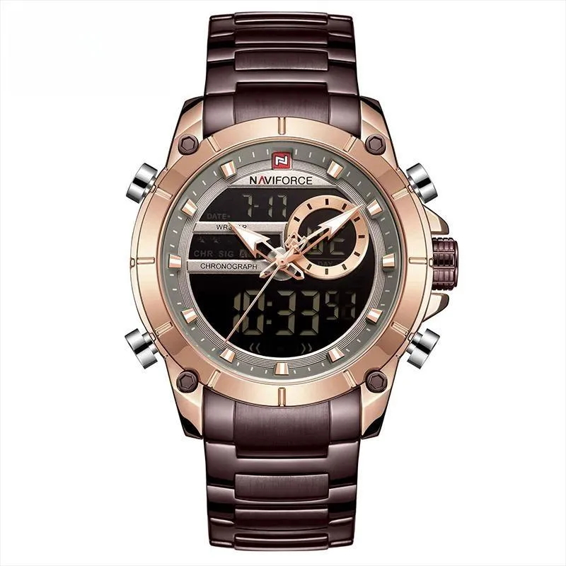 Men Military Sport Wristwatch Gold Quartz Stainless Steel Waterproof Dual Display Male Clock Watches