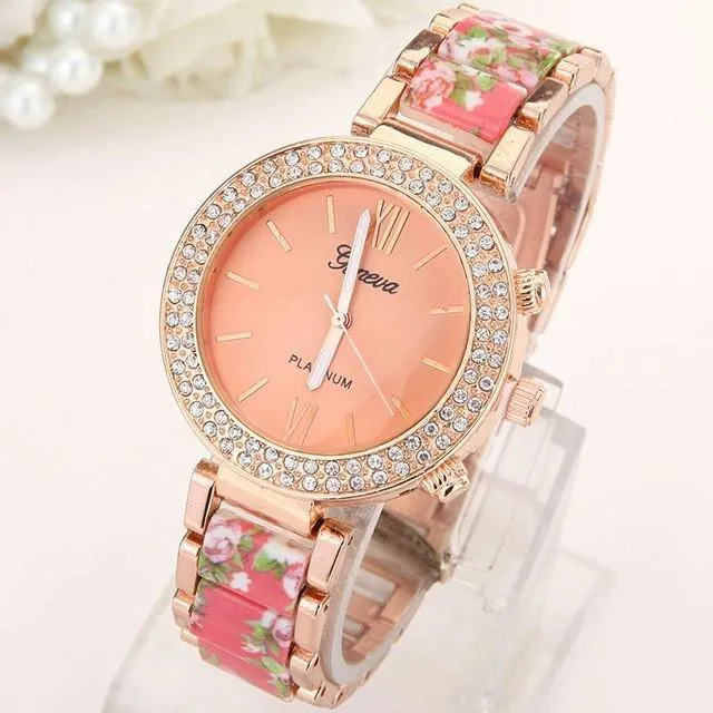 New Double Row Drill  Ceramic Alloy Geneva Watch Print Female Foreign Trade Watch