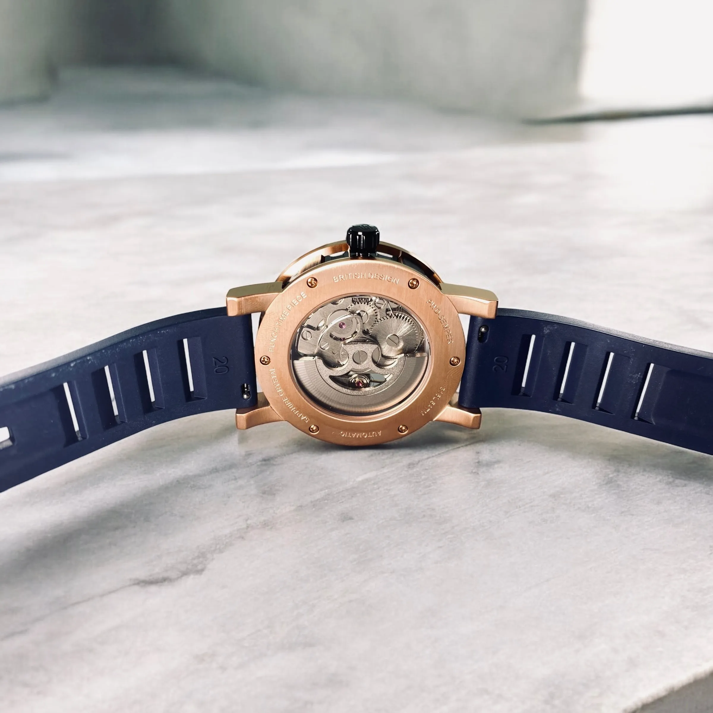 PUNCH Mens Watch, Rose Gold & Black Skeleton Automatic Watch - Navy Rubber Strap