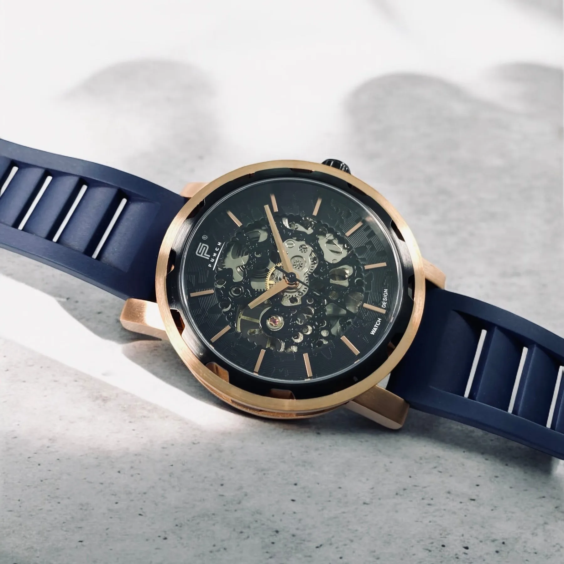 PUNCH Mens Watch, Rose Gold & Black Skeleton Automatic Watch - Navy Rubber Strap