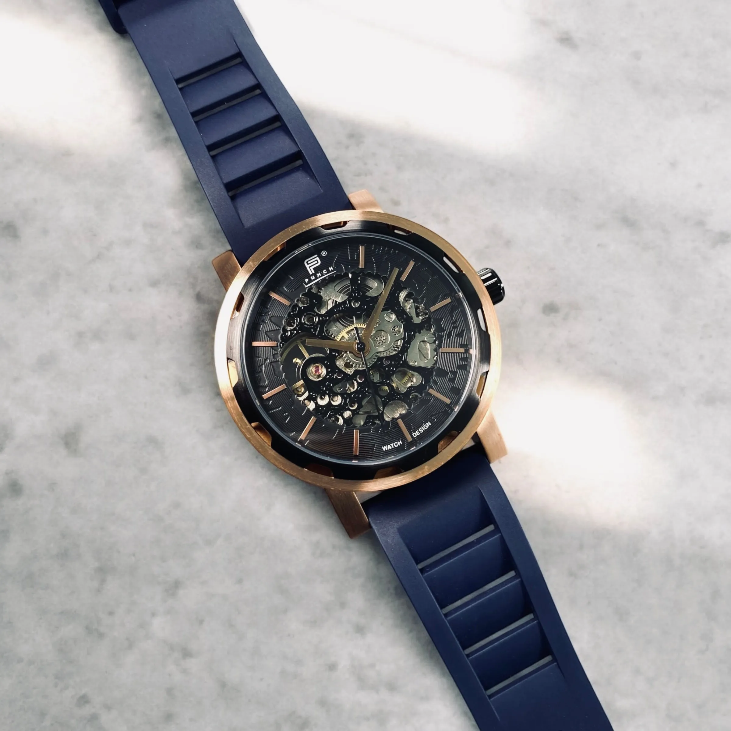 PUNCH Mens Watch, Rose Gold & Black Skeleton Automatic Watch - Navy Rubber Strap