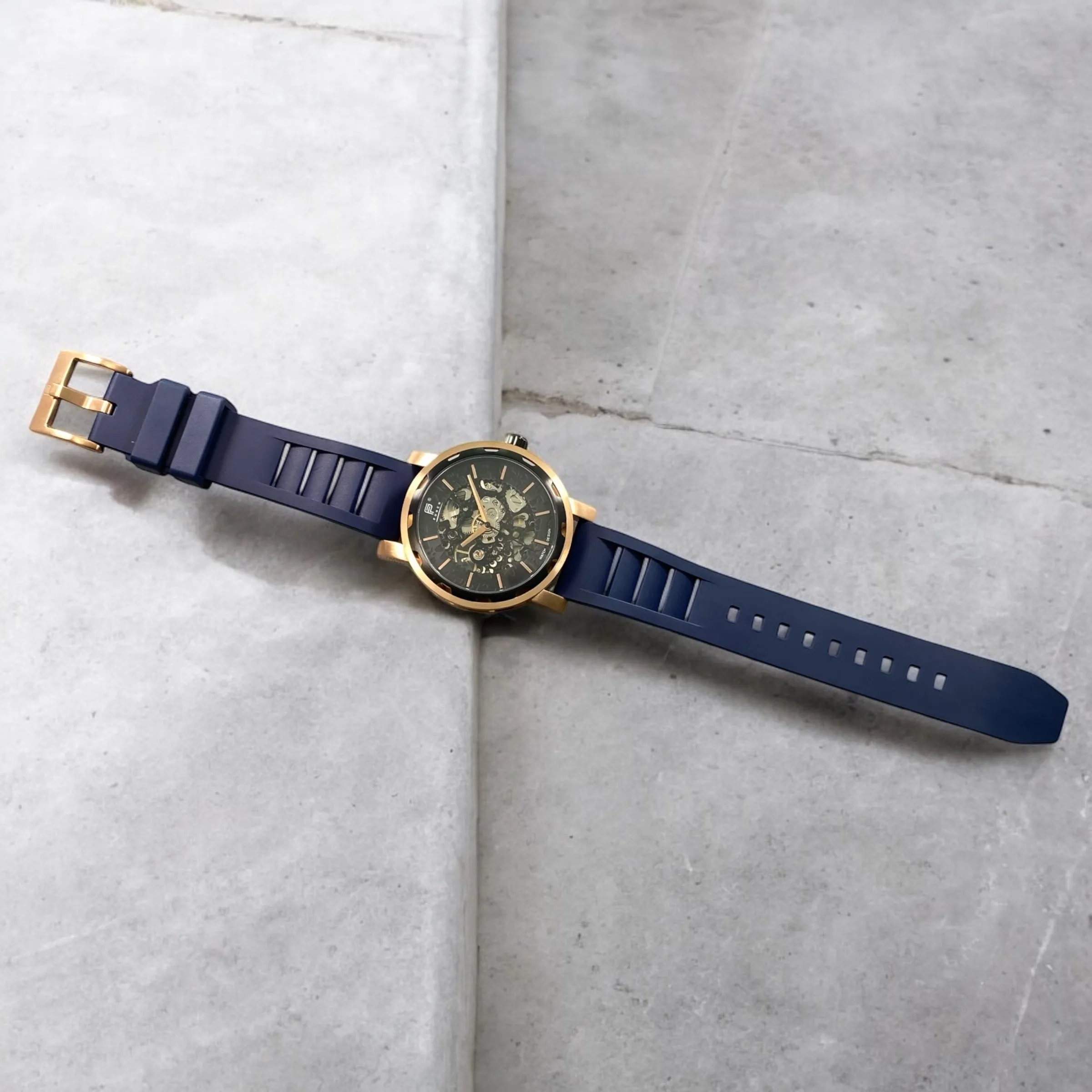 PUNCH Mens Watch, Rose Gold & Black Skeleton Automatic Watch - Navy Rubber Strap
