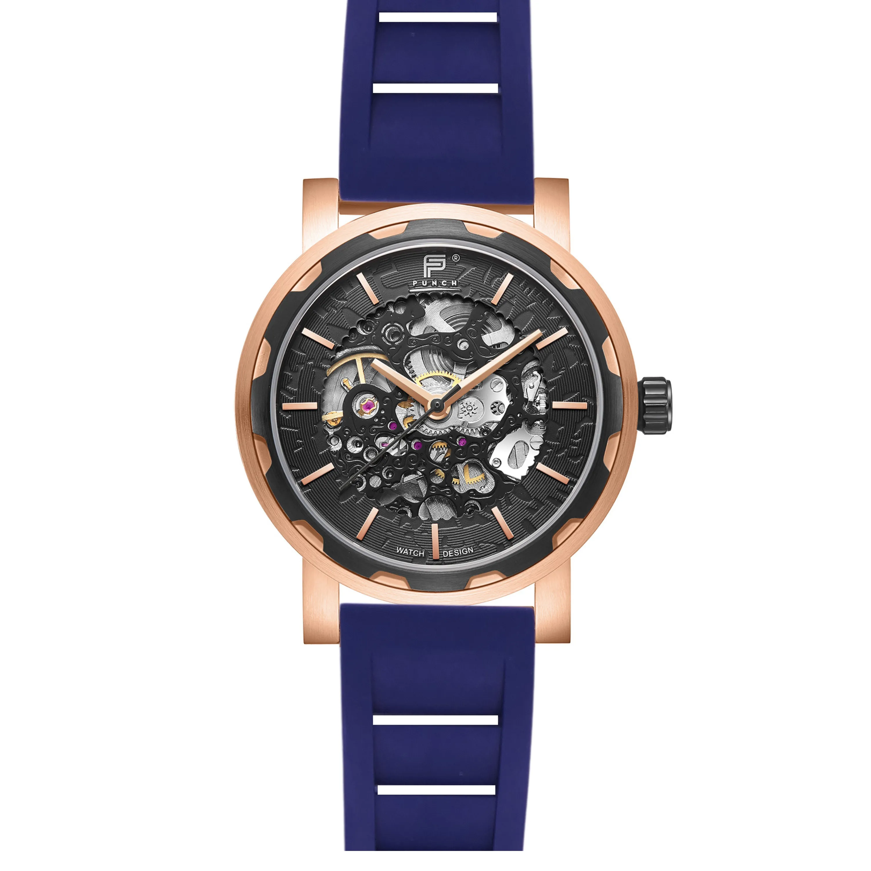 PUNCH Mens Watch, Rose Gold & Black Skeleton Automatic Watch - Navy Rubber Strap