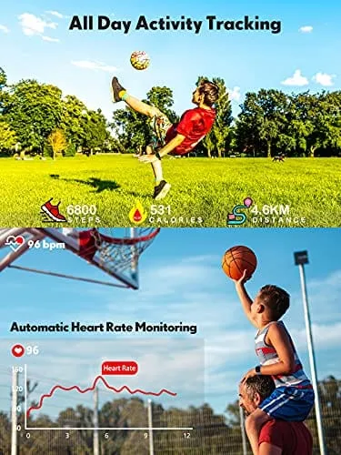 QOOGOT Kids Smart Watch for Boys Girls,Health Fitness Tracker with Heart Rate Sleep Monitor,Sport Modes Activity Tracker with Pedometer Step Calories Counter,Waterproof for Fitbit Alarm Clock (Black)