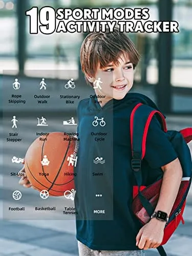 QOOGOT Kids Smart Watch for Boys Girls,Health Fitness Tracker with Heart Rate Sleep Monitor,Sport Modes Activity Tracker with Pedometer Step Calories Counter,Waterproof for Fitbit Alarm Clock (Black)