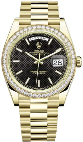 Rolex Day-Date 40 Automatic Black Diagonal Motif Dial Men's 18kt Yellow Gold President Watch 228348BKSP