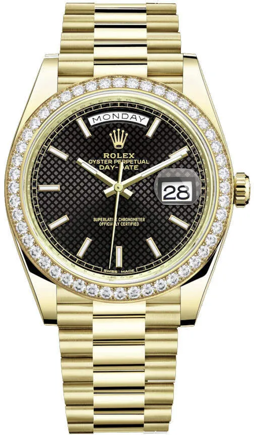Rolex Day-Date 40 Automatic Black Diagonal Motif Dial Men's 18kt Yellow Gold President Watch 228348BKSP