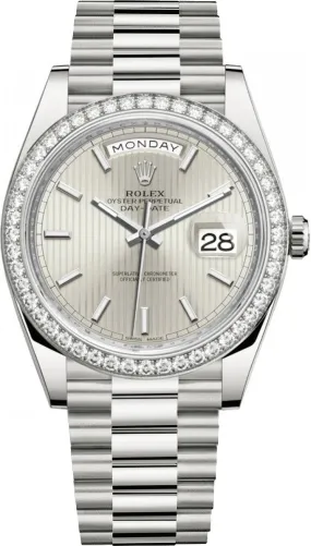 Rolex Day Date 40 Silver Stripe Dial Automatic Men's 18kt White Gold Watch 228349SSP