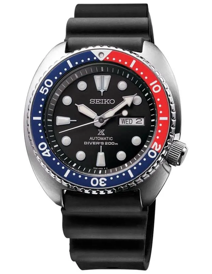 Seiko Prospex Mens Turtle Automatic - Blue / Red Bezel - Rubber Strap - Day/Date