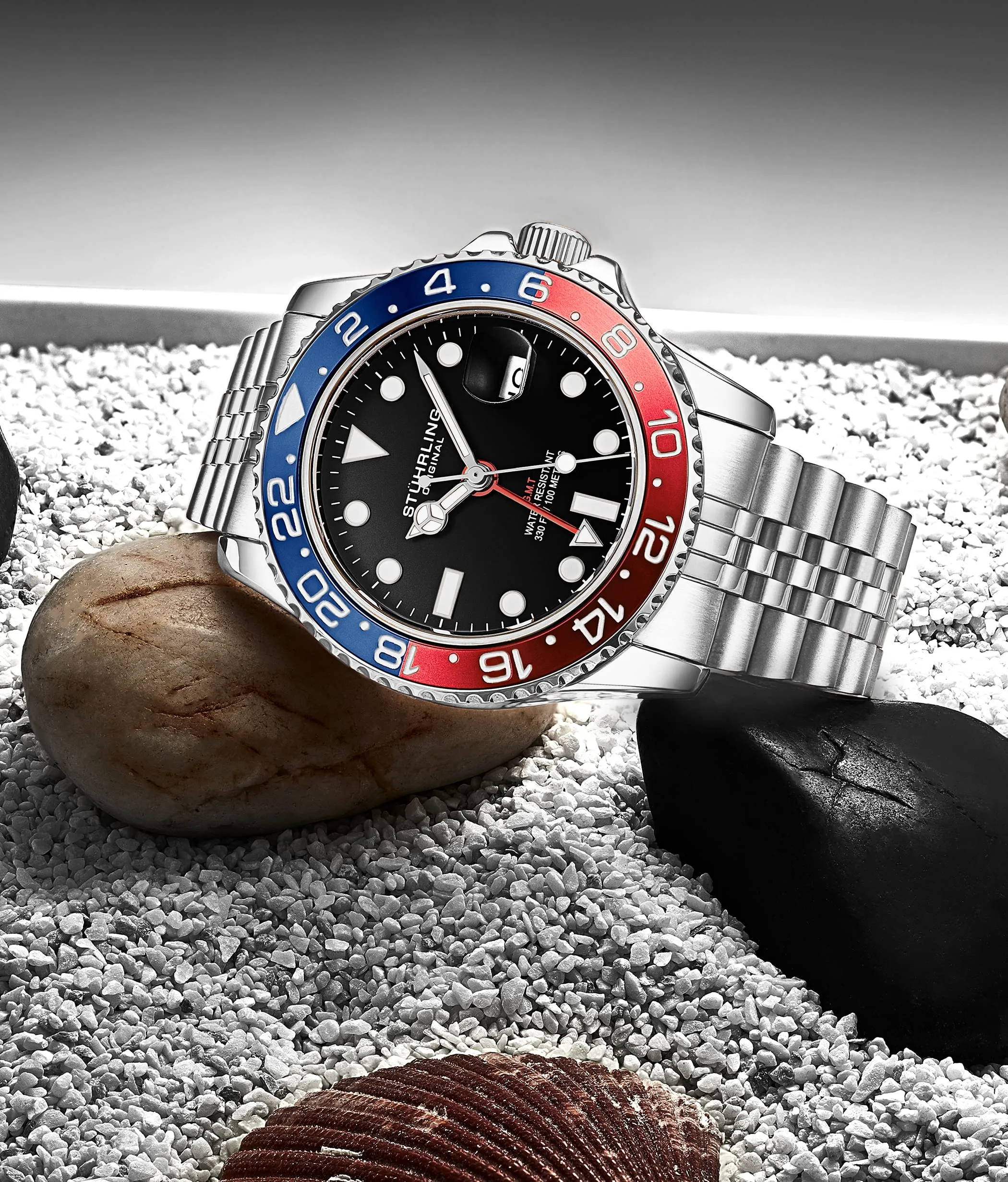 Stuhrling Original Mens Stainless Steel Jubilee Bracelet GMT Watch - Swiss Quartz, Dual Time, Quickset Date with Screw Down Crown, Water Resistant up to 10 ATM, Blue/Red