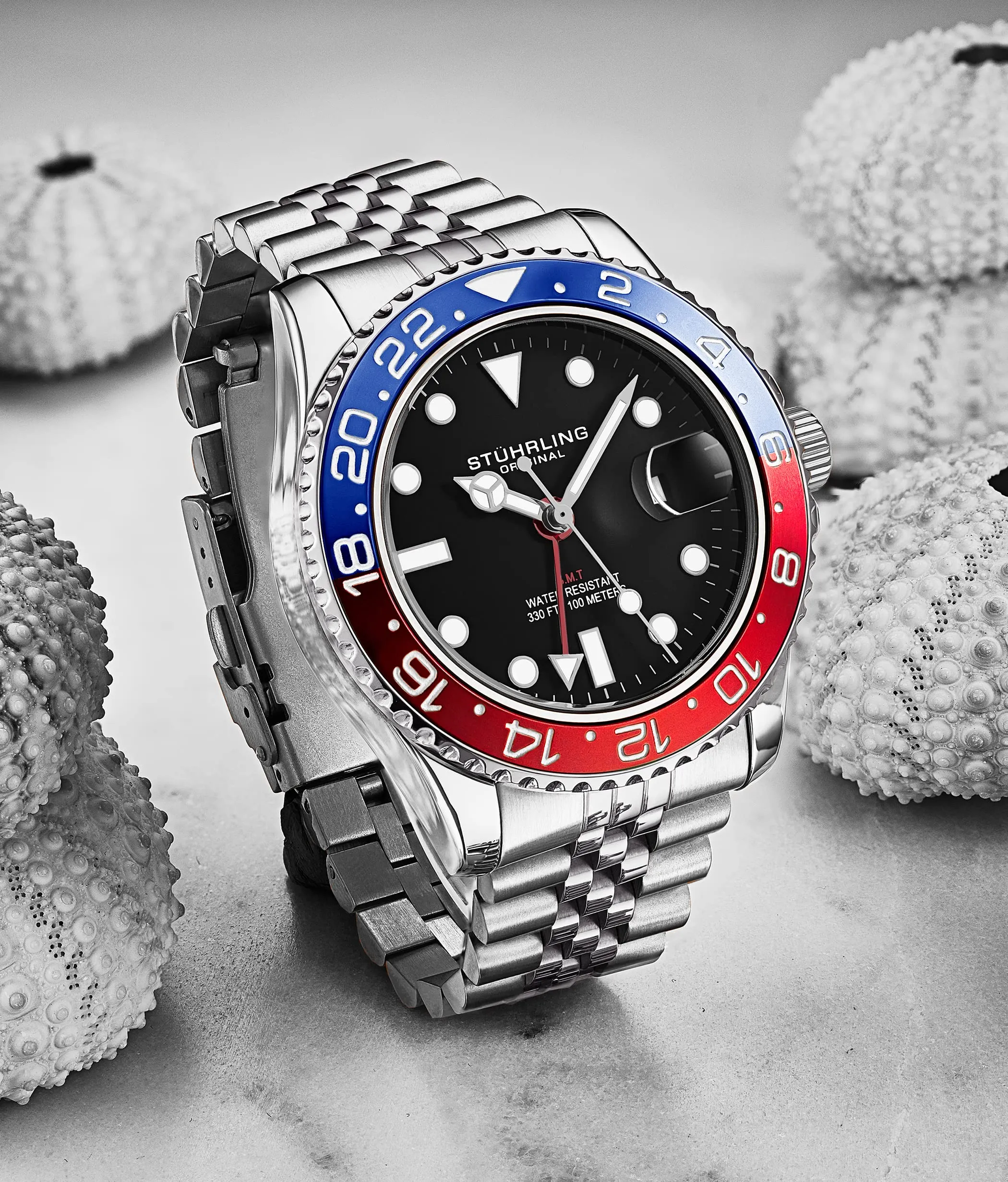 Stuhrling Original Mens Stainless Steel Jubilee Bracelet GMT Watch - Swiss Quartz, Dual Time, Quickset Date with Screw Down Crown, Water Resistant up to 10 ATM, Blue/Red