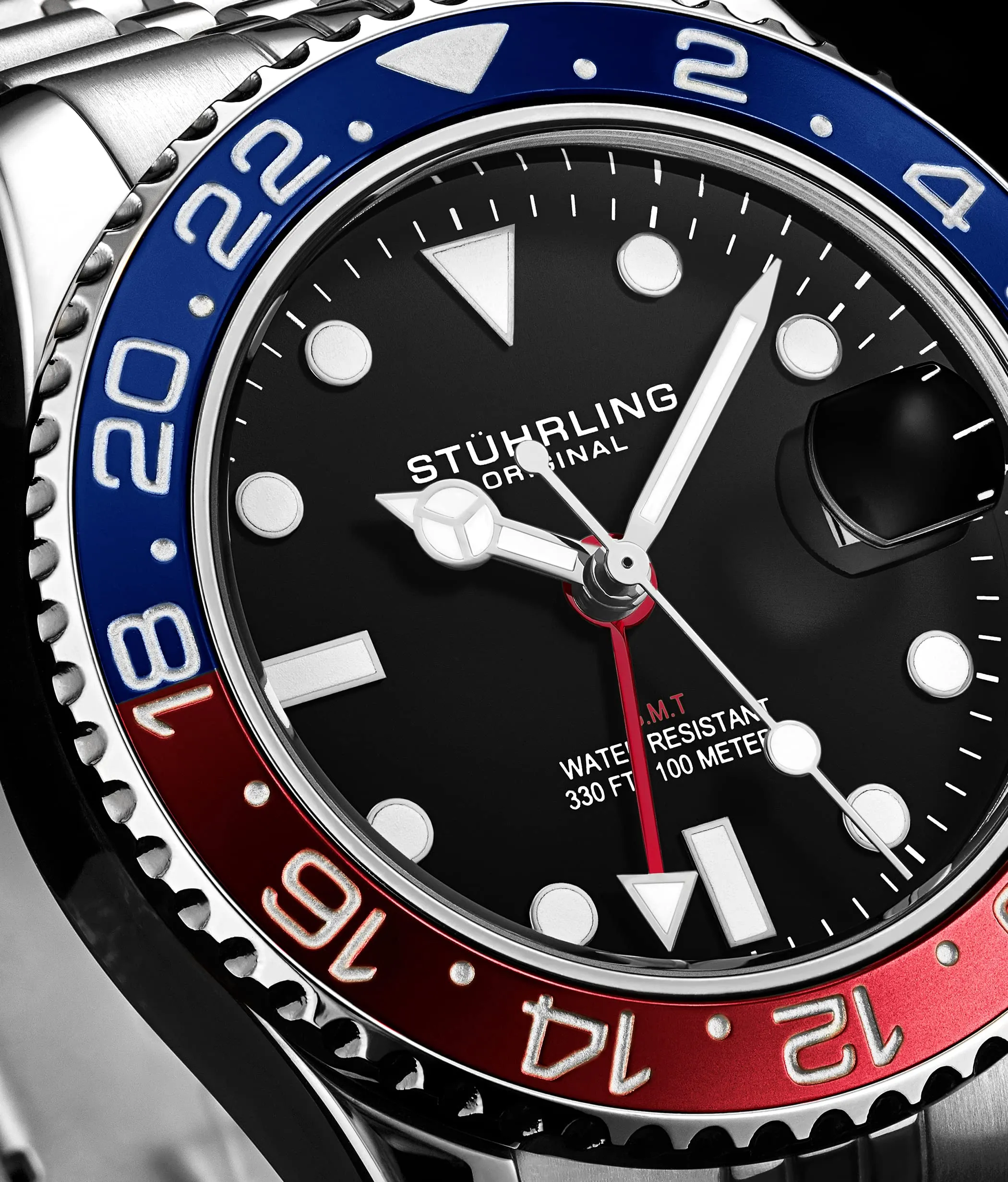 Stuhrling Original Mens Stainless Steel Jubilee Bracelet GMT Watch - Swiss Quartz, Dual Time, Quickset Date with Screw Down Crown, Water Resistant up to 10 ATM, Blue/Red