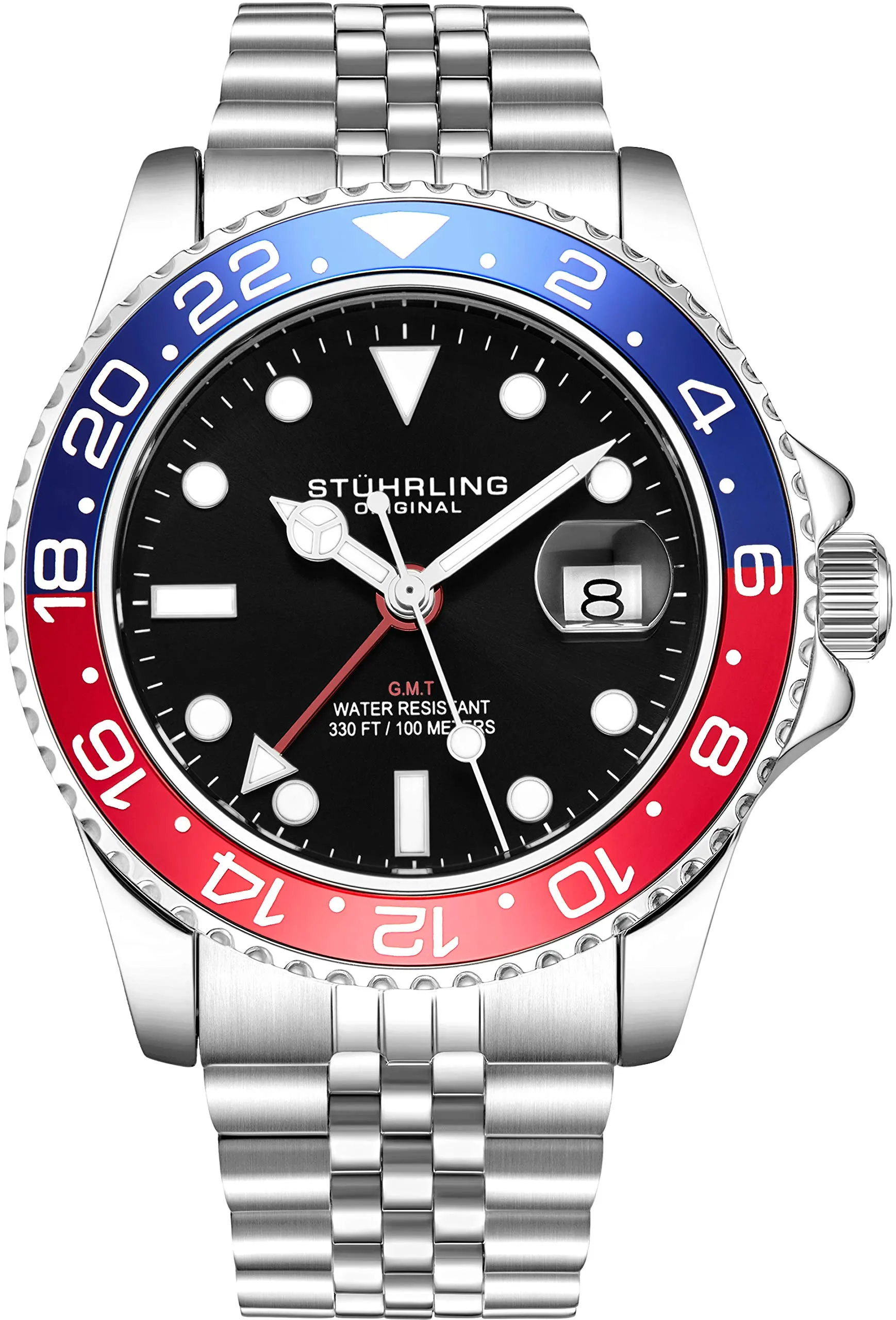Stuhrling Original Mens Stainless Steel Jubilee Bracelet GMT Watch - Swiss Quartz, Dual Time, Quickset Date with Screw Down Crown, Water Resistant up to 10 ATM, Blue/Red